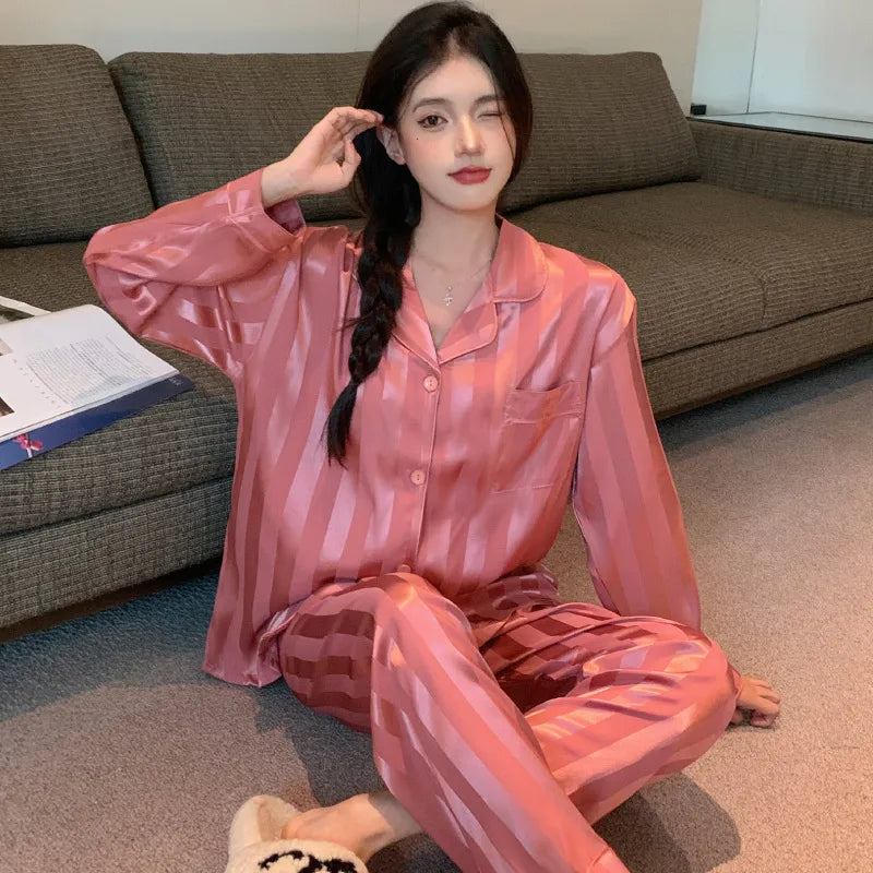 Pure Color Lace Splice Smooth Ice Silk Sleepwear Set Women Long Sleeve Long Pants Two Piece Set High-End Sensation Home Clothes
