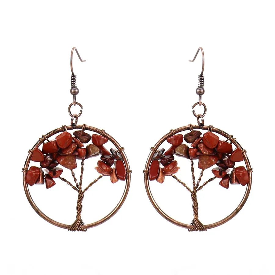 1 pair ethnic style pastoral tree hollow out natural stone copper drop earrings