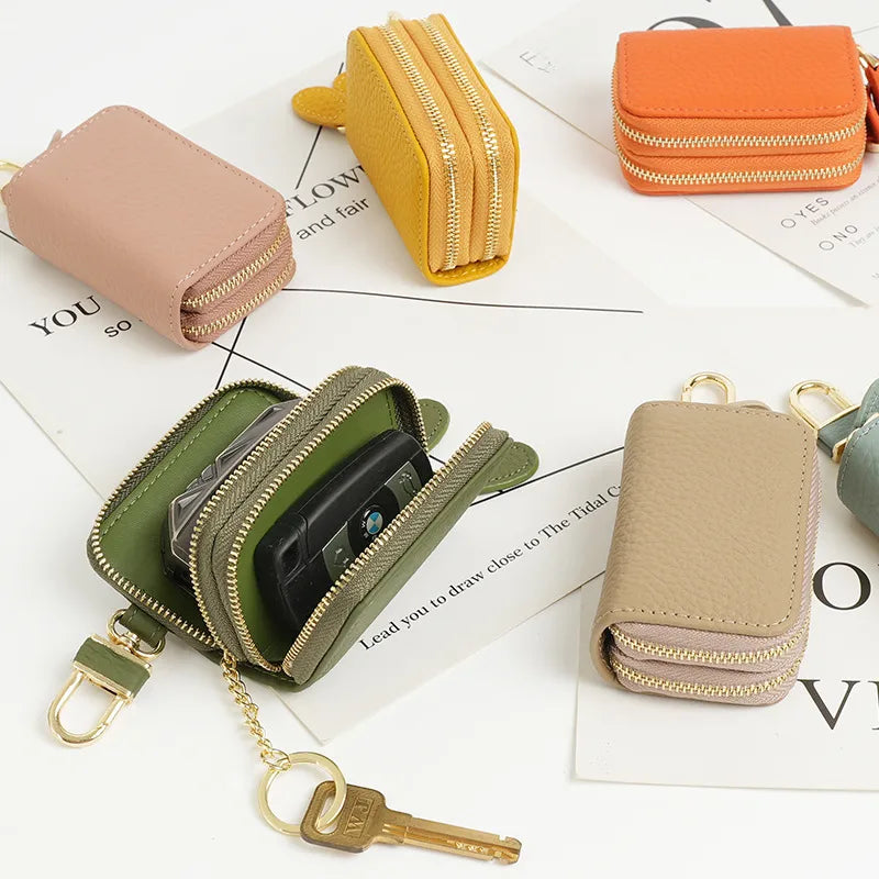 universal leather car key case  utility vehicle key case portable double zipper key case