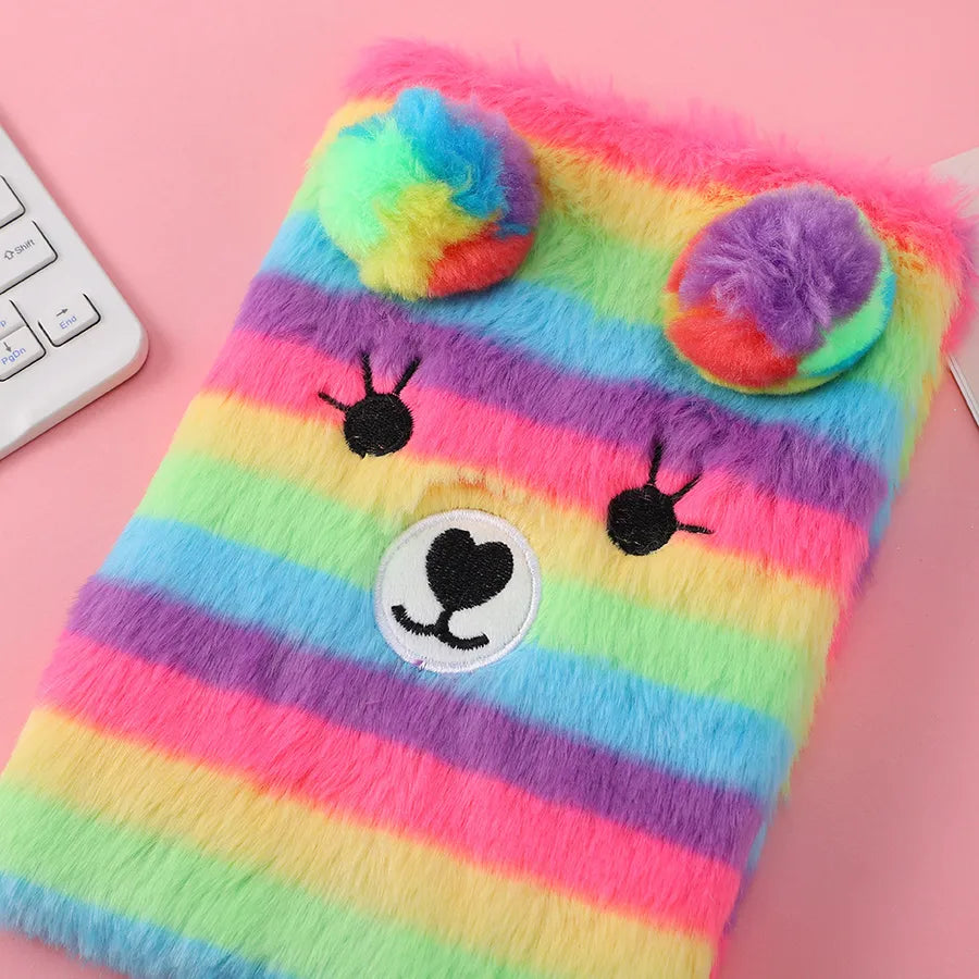 Cute Bear Plush Notebook With Lock Creative Children's Diary Book Colorful Wooden Pulp Material Animal Shaped Stationery