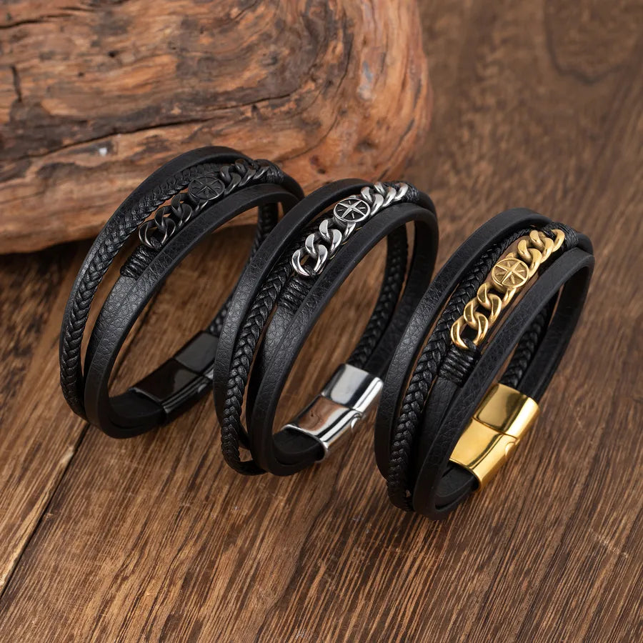 Retro Punk Geometric Pu Leather Titanium Steel Men's wristband Men Cord & Leather Bracelets