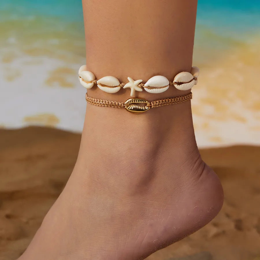 Bohemian starfish rice beads crystal anklet suit summer all-match beach rice beads shell multi-layer anklet wholesale