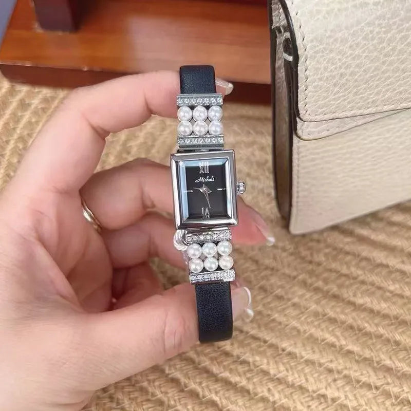 Luxurious Pearl Women's Watch Genuine Leather Strap Quartz Movement Square Face Fashionable Minimalist Design New  Model