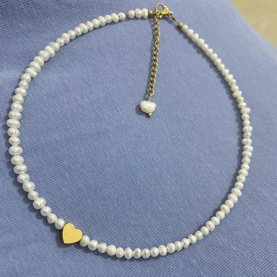 Freshwater Pearl Titanium Steel Beaded Chain Heart Shape Necklace
