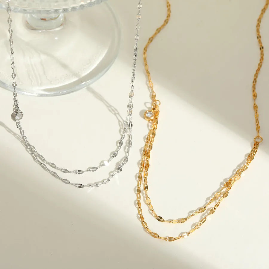 Wholesale Jewelry Luxurious Lady Romantic Geometric Solid Color 304 Stainless Steel Zircon 18K Gold Plated Plating Inlay cable chain Layered Necklaces Pendant Necklace