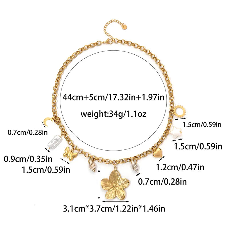 Wholesale Jewelry Elegant Handmade Romantic Pentagram Moon Heart Shape 304 Stainless Steel 18K Gold Plated Plating cable chain Multi Charms Necklace