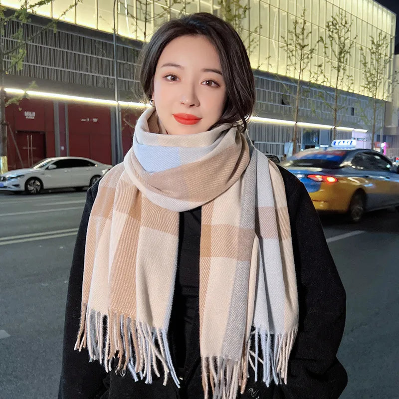 women's fashion plaid imitation cashmere tassel winter scarves