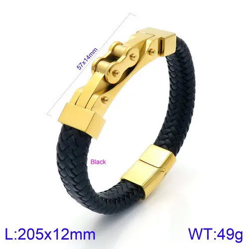 rock punk geometric pu leather titanium steel braid chain men's bangle
