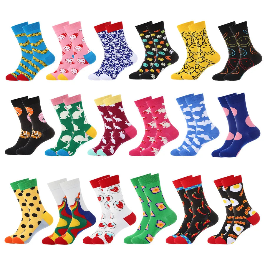 Men's Cute Streetwear Rabbit Smile Face Cotton Jacquard Crew Socks 10 Pairs Per Pack