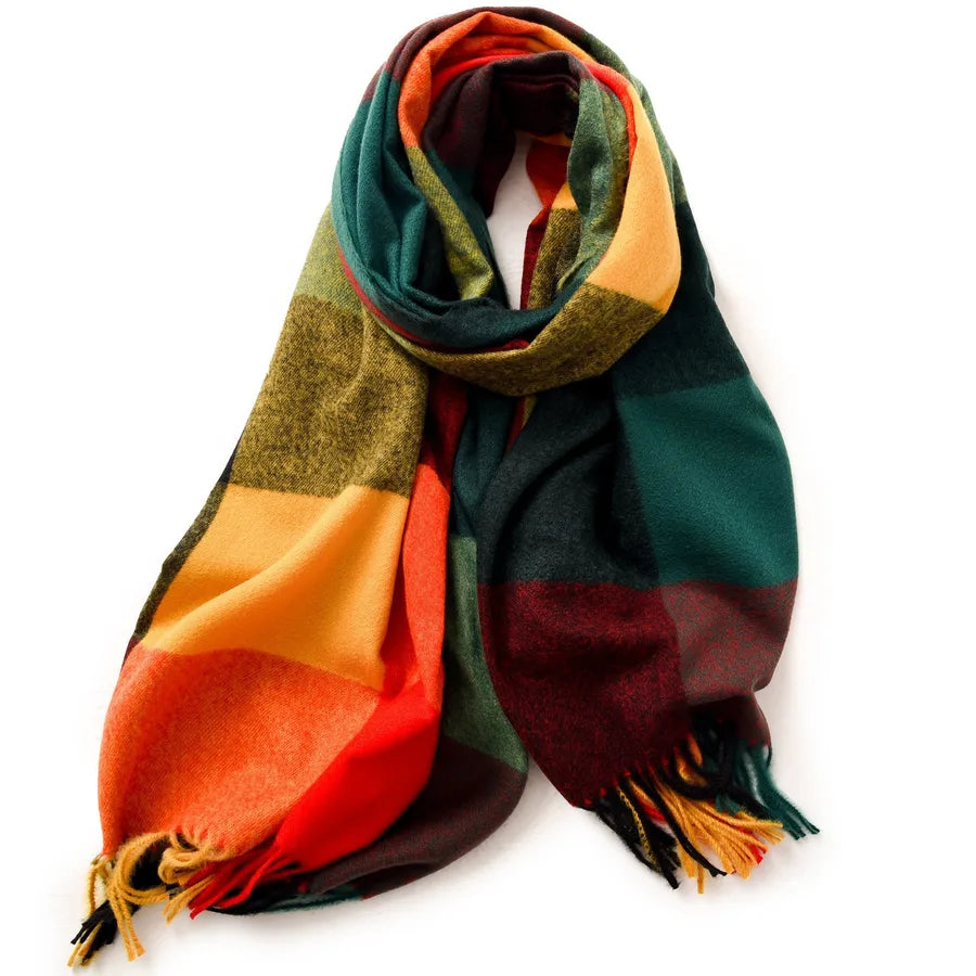 women's retro plaid imitation cashmere tassel winter scarves