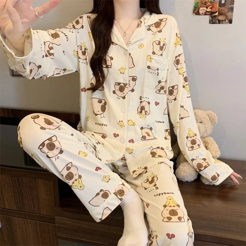 Sweet Girl Heart Print Open Cardigan Sleepwear Long Sleeve Crepe Home Clothes Set Spring New Style Casual Breathable Polyester