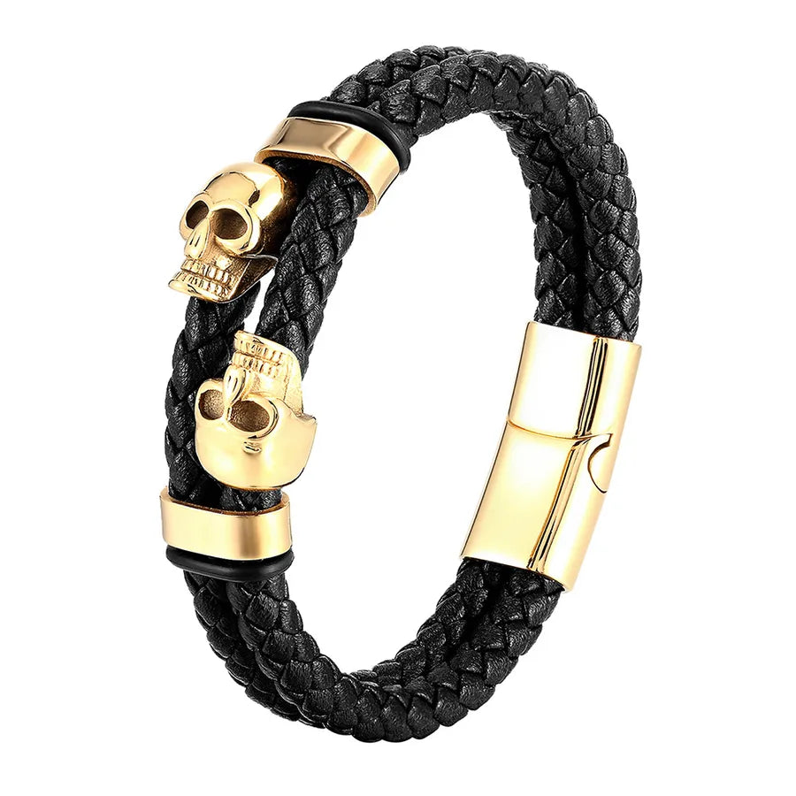 Vintage Style Classic Style Skull 316L Stainless Steel  Pu Leather Woven Chain Wrap Bracelets Wholesale