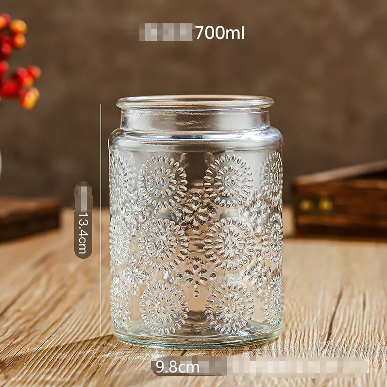 Glass Embossed Glass Sealed Jar Square Storage Jar Snack Dried Fruit Storage Jar Kitchen Household Glass Jar Vintage