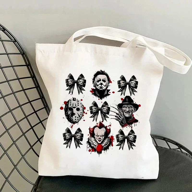 Halloween Print Canvas Tote Bag Single Shoulder Foldable Handbag Shopping Bag Large Size Retro  Style