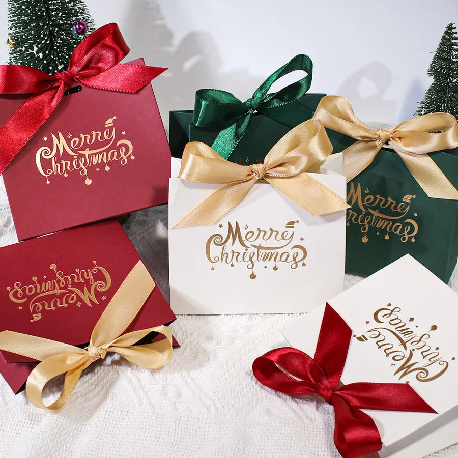 Merry Christmas Gift Box Decorative Multicolor Christmas Packaging Box Holiday Festive White Cardstock Bell wreath Design