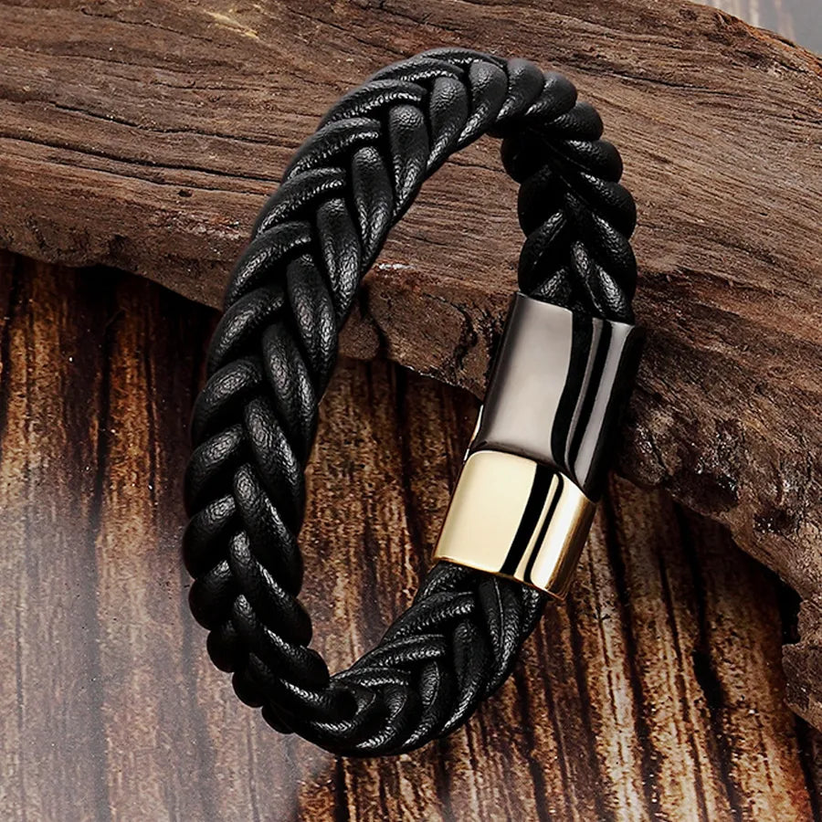 Woven Genuine Leather Black Bracelet Stainless Steel Bracelet Titanium Steel Ornament Bracelet Men's Cowhide Woven L19157