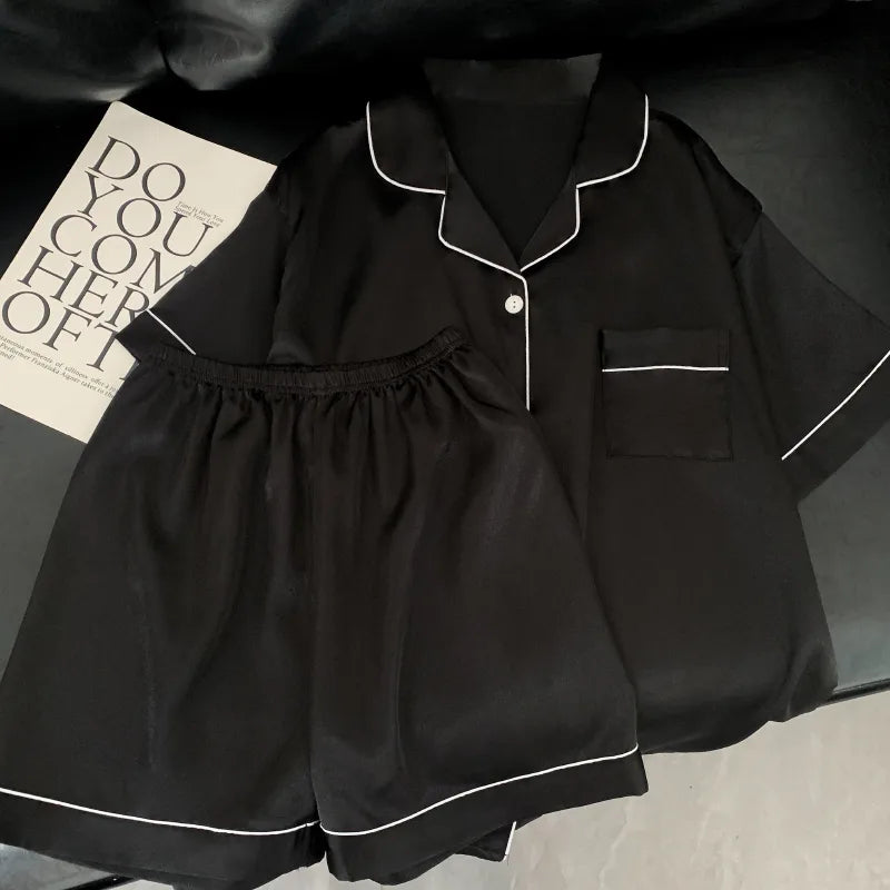Home Women's Casual Color Block Satin Shorts Sets Pajama Sets