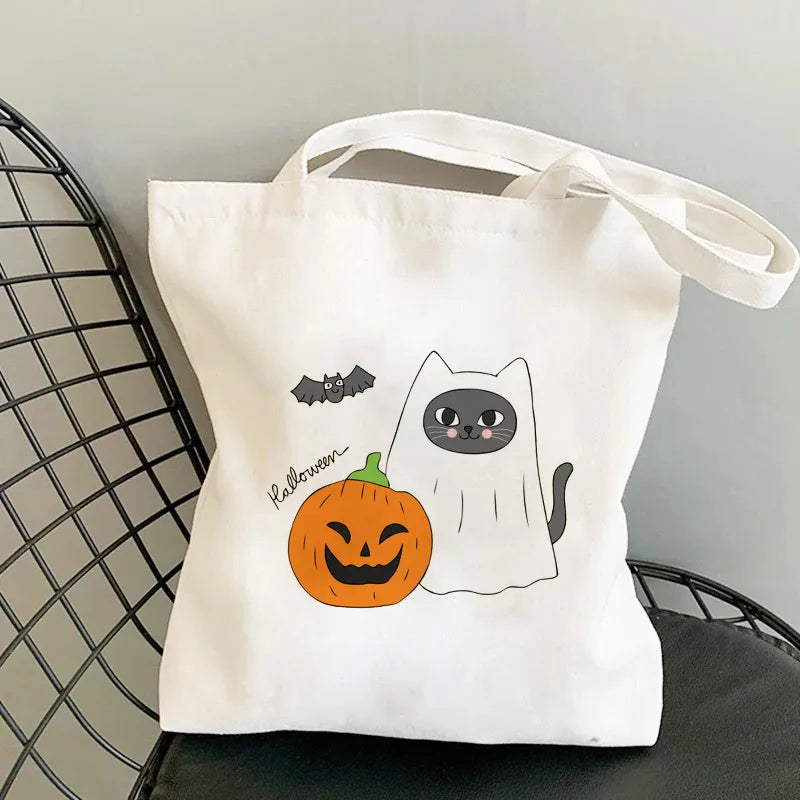 Halloween Women's Medium Canvas Pumpkin Cat Cute Square Open Underarm Bag