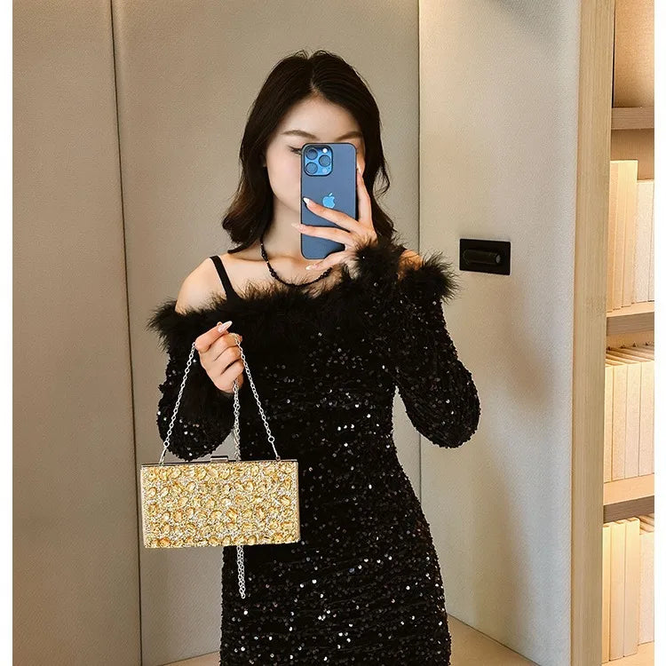 New   Rhinestone Square Banquet Annual Meeting Dress Holiday Clutch Bag Shoulder Bag Women's Bag
