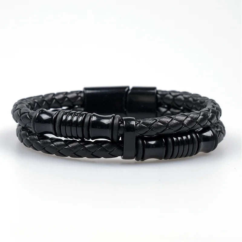 Casual Retro Simple Style Geometric Pu Leather Rubber Metal Layered Men's wristband