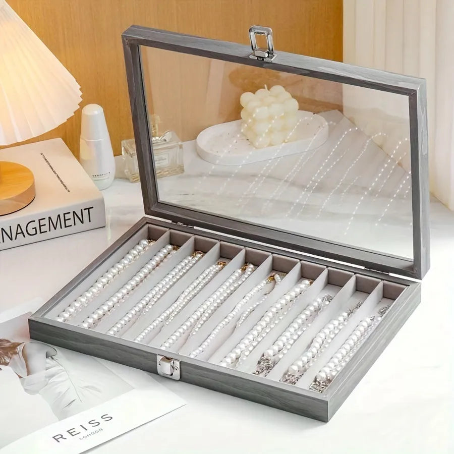 New Ice Grey Pearl Necklace Storage Box With Lid Glass Dustproof Long Bracelet Beads Thick Necklace Jewelry Box Simple Style