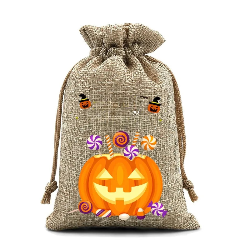 2025 New Halloween Linen Drawstring Gift Bag Pumpkin Shaped Sealed Mouth Bag Cartoon Style Heat Transfer Process Ladies Handbag