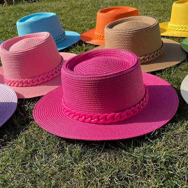 women's simple style solid color chain flat eaves sun hat