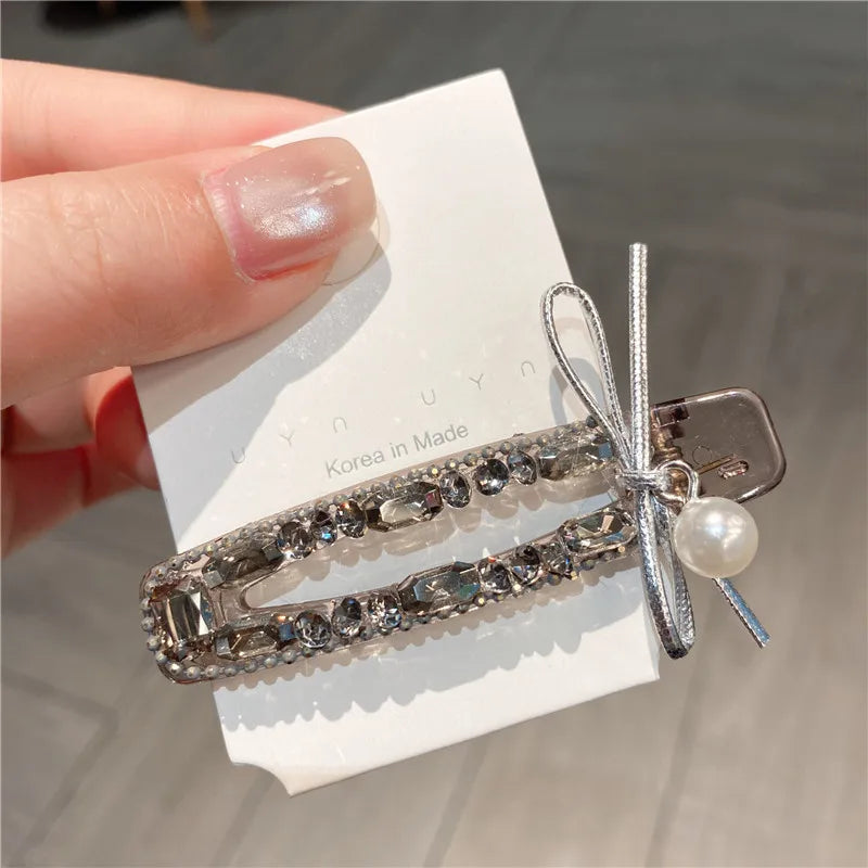 New Elegant Zircon Diamond Hair Clip High-End Silver Butterfly Knot Pearl Rhinestone Edge Duckbill Hair Clip Women's Headwear