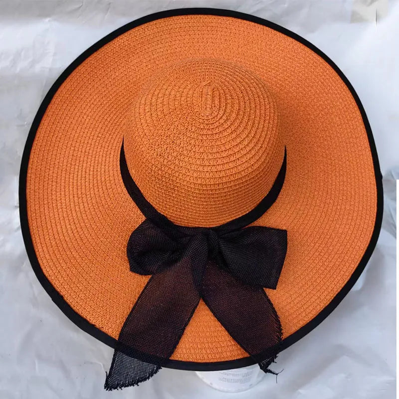women's basic solid color bowknot side of fungus straw hat