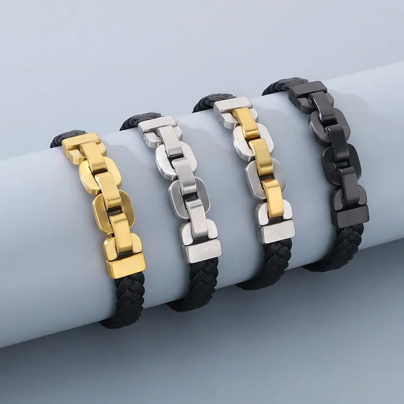 Business Geometric 304 Stainless Steel Microfiber Leather 18K Gold Plated Men's Bangle Men Cord & Leather Bracelets