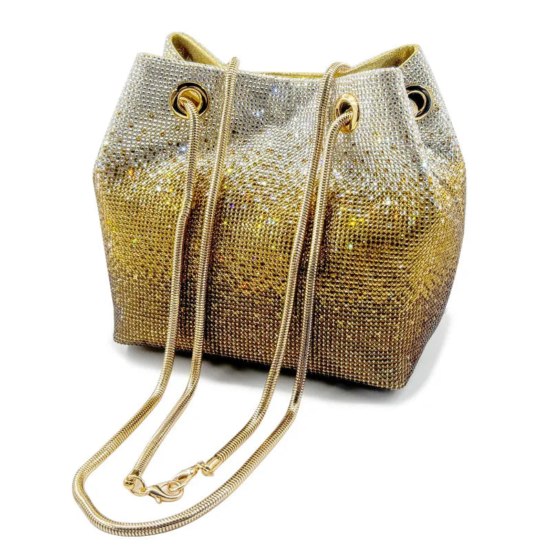 Green Pink Pu Leather Gradient Color Rhinestone Bucket Evening Bags