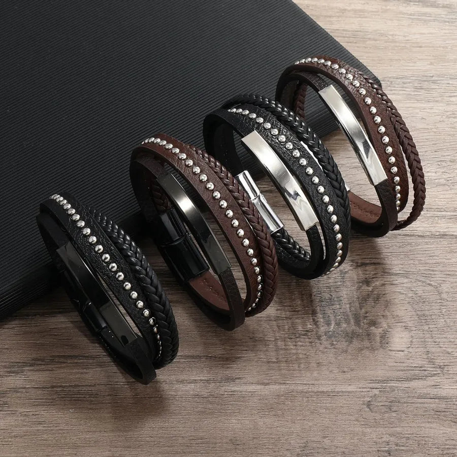Retro Geometric Pu Leather Layered Unisex Bracelets Men Cord & Leather Bracelets