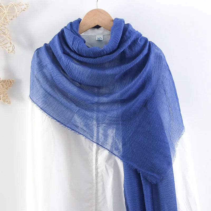 Hot selling solid color pleated cotton and linen scarf  women's bag headscarf crumpled hair fringe bubble scarf women's scarf cover head