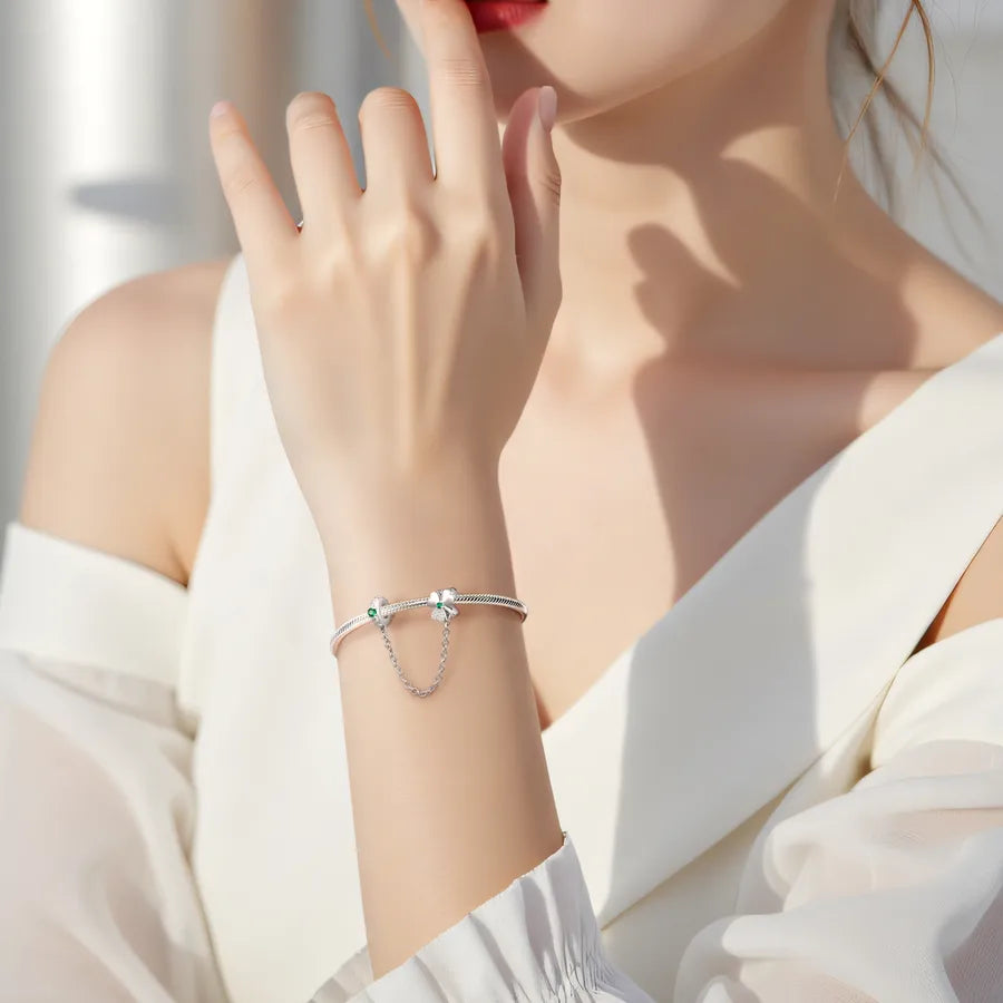 Lucky Three-leaf Clover Safety Chain Pendant Original Design 925 Pure Silver Beads DIY Bracelet Accessories Fashionable  Style Jewelry Gifts For Women