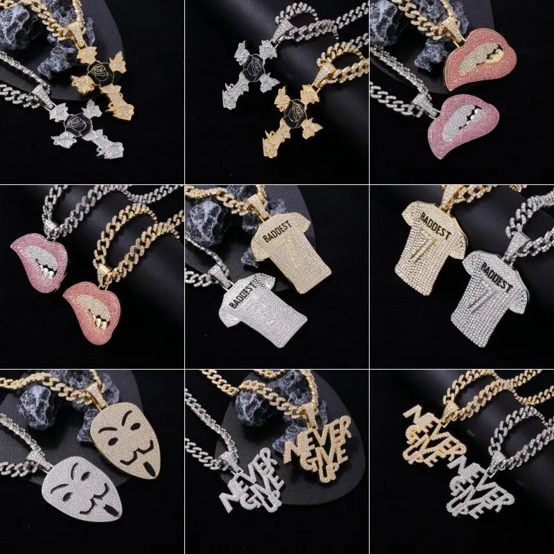 Wholesale Jewelry Hip-Hop Retro Mouth Letter Mask Copper Rhinestones K Gold Plated Rhodium Plated Plating Inlay Pendant Necklace Cuban Link Chain Curb Chain