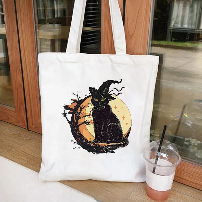 Cute Cat Halloween Party Bag Women Ghost Canvas Tote Bag Harajuku Fashion Shopping Bag Square Shape Large Size Retro Print