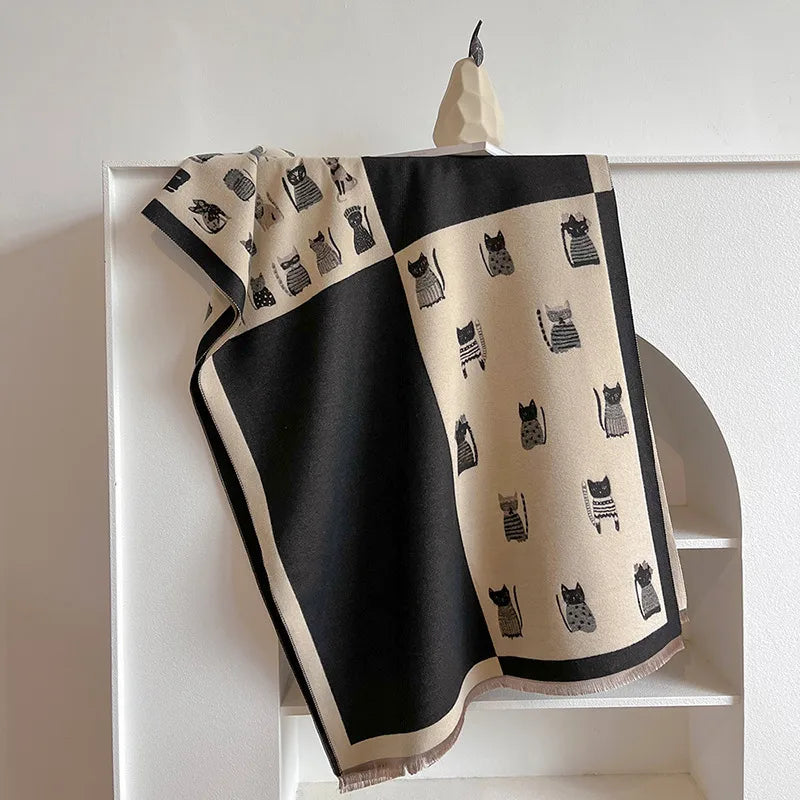 Women's Cartoon Style Cute Plaid Cat Imitation cashmere Scarf