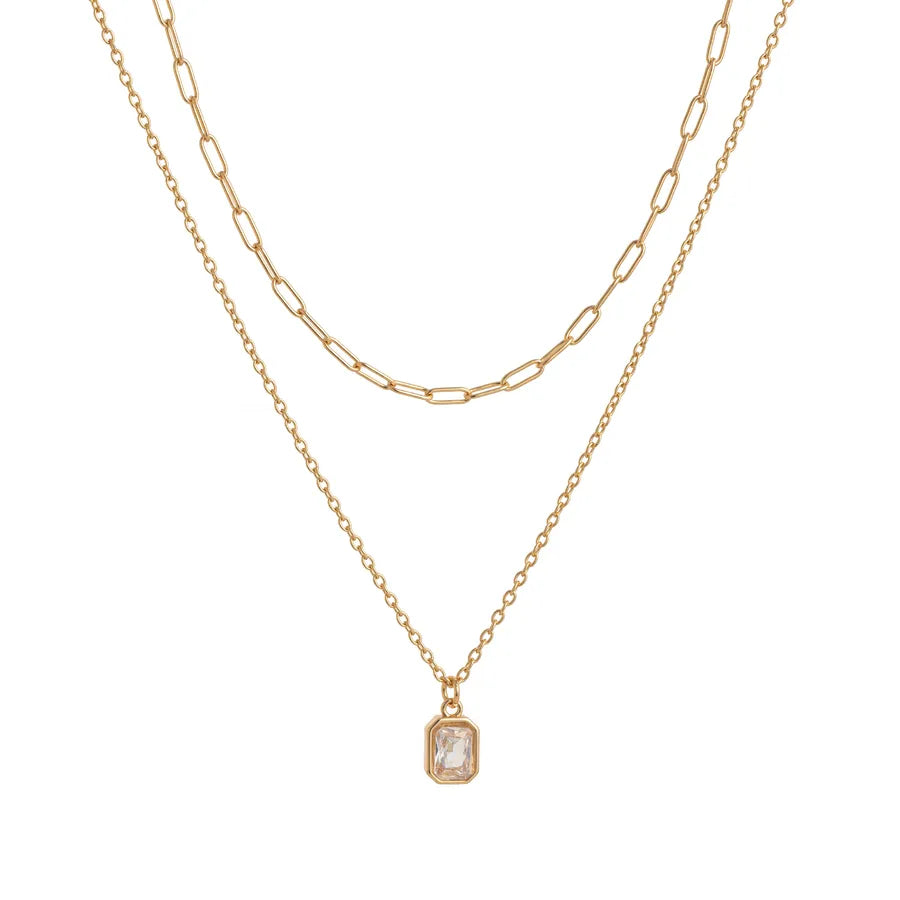 Wholesale Jewelry Lady Simple Style Shiny Rectangle 304 Stainless Steel Zircon 18K Gold Plated Paperclip Chain cable chain Double Layer Necklaces
