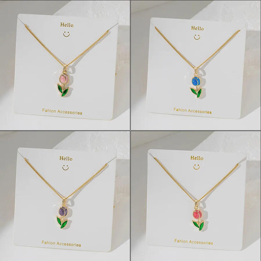 Wholesale Jewelry Basic Simple Style Commute tulips 304 Stainless Steel 18K Gold Plated Plating cable chain Pendant Necklace
