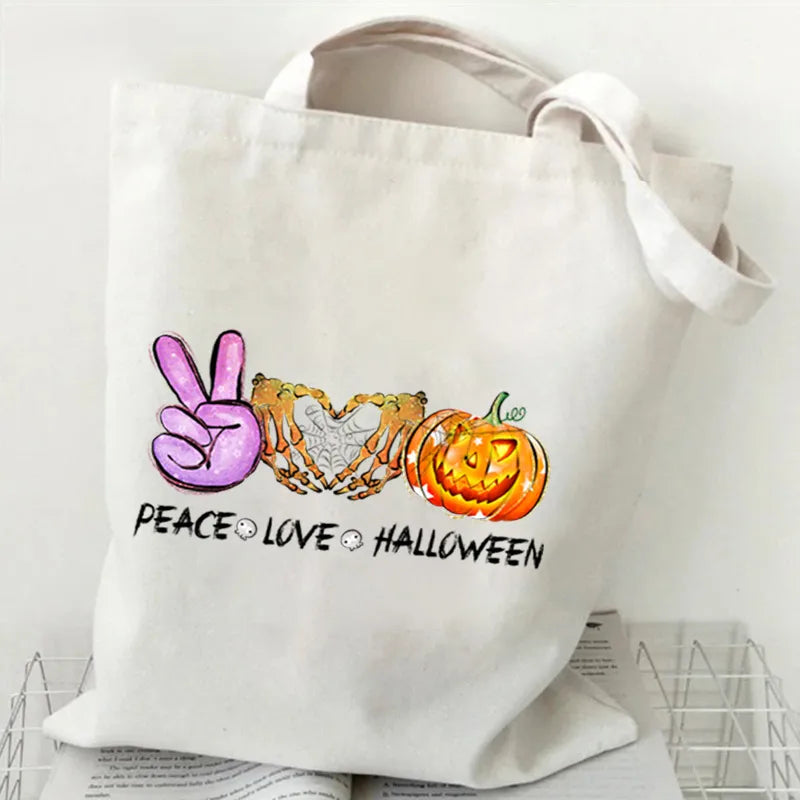 Halloween Cartoon Pumpkin Decorated Student Canvas Bag Handbag Shopping Commuter Bag Large Square Fashion Tote Bag