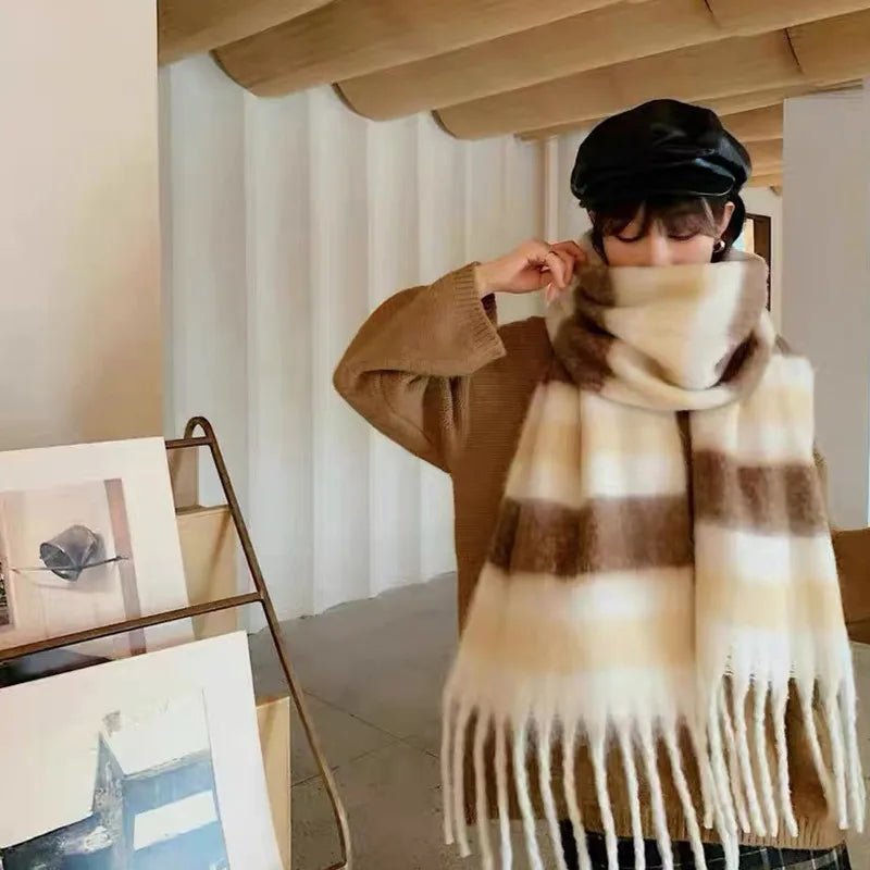 women's fashion stripe polyester tassel winter scarves