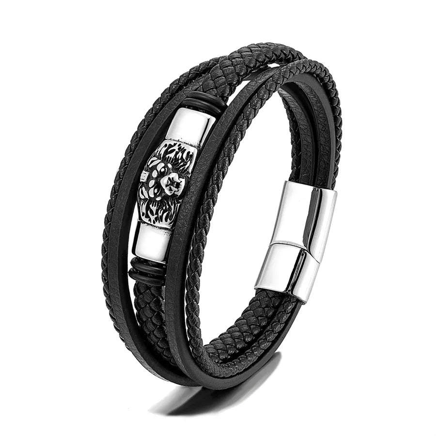 New Fashion Multi-Layer Leather Cord Bracelet Retro Men's Stainless Steel Leather Bracelet Punk Jewelry
