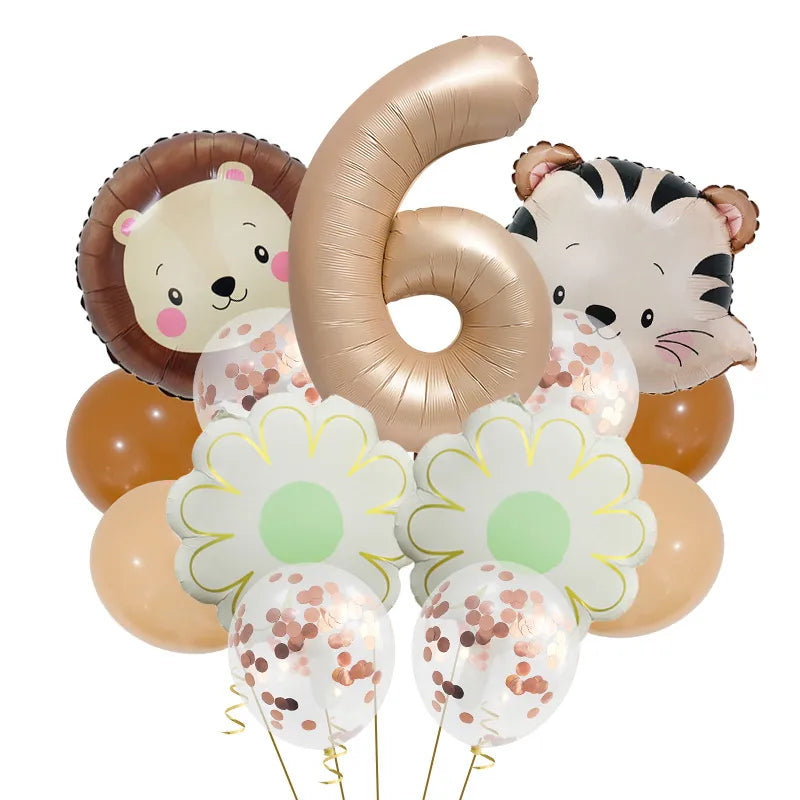 Retro Forest Tiger Lion Animal Balloon Set Caramel Digital Birthday Party Decoration Balloon Aluminum Foil Material