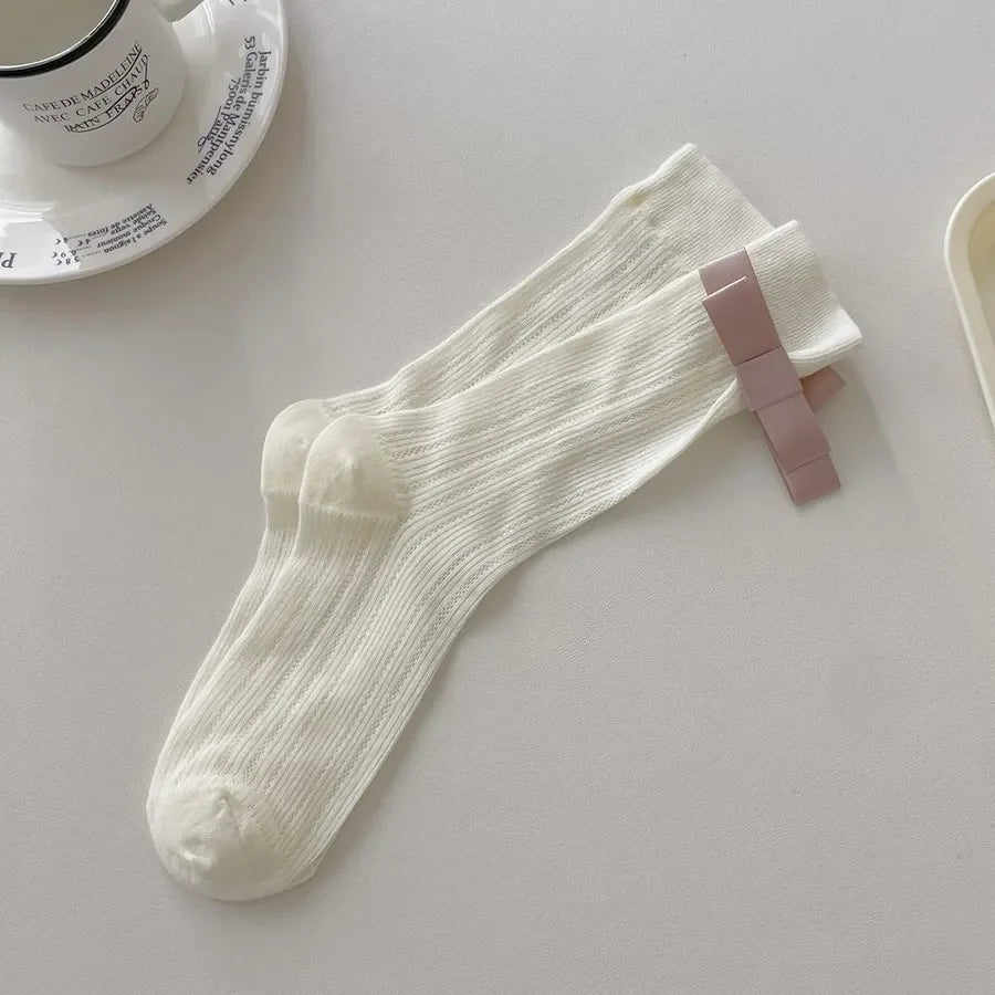 A Pair Basic Simple Style Women's Solid Color Bow Knot Cotton Crew Socks