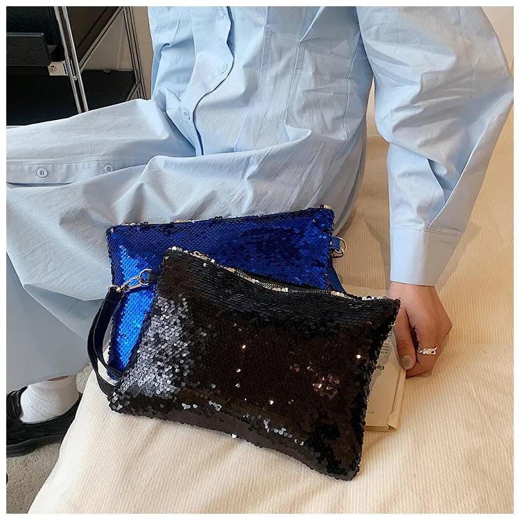Women's Sequin Solid Color Elegant Square Zipper Clutch Bag