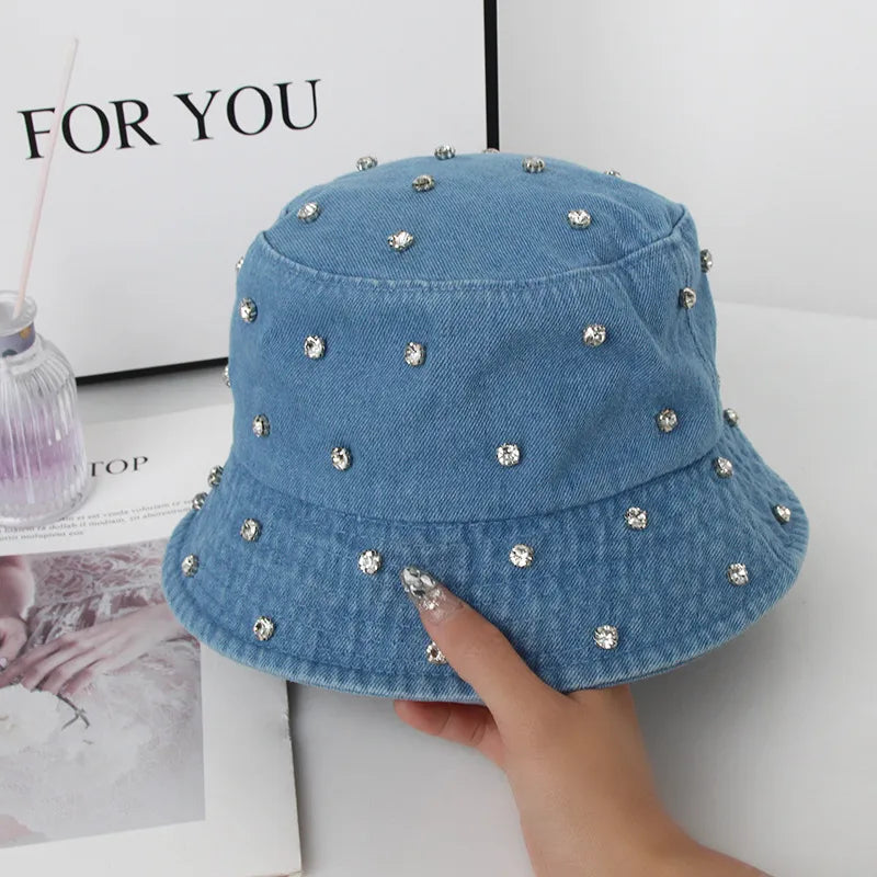 women's original design polka dots rhinestone flat eaves bucket hat