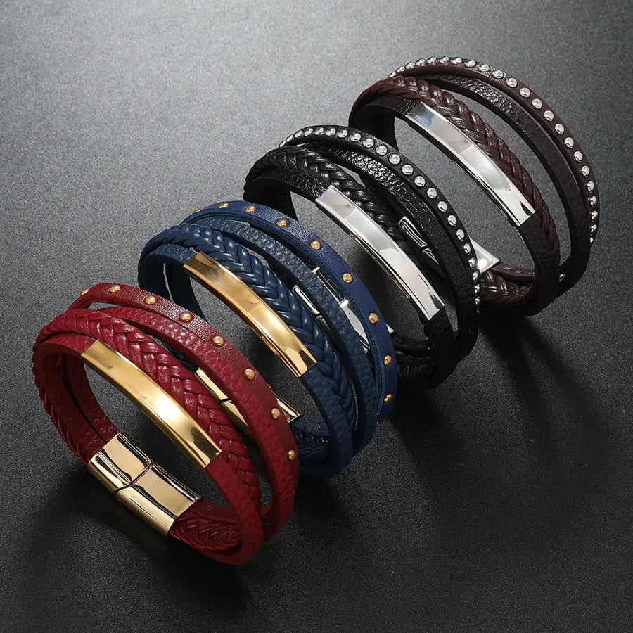 Retro Solid Color Stainless Steel Pu Leather Unisex Bracelets