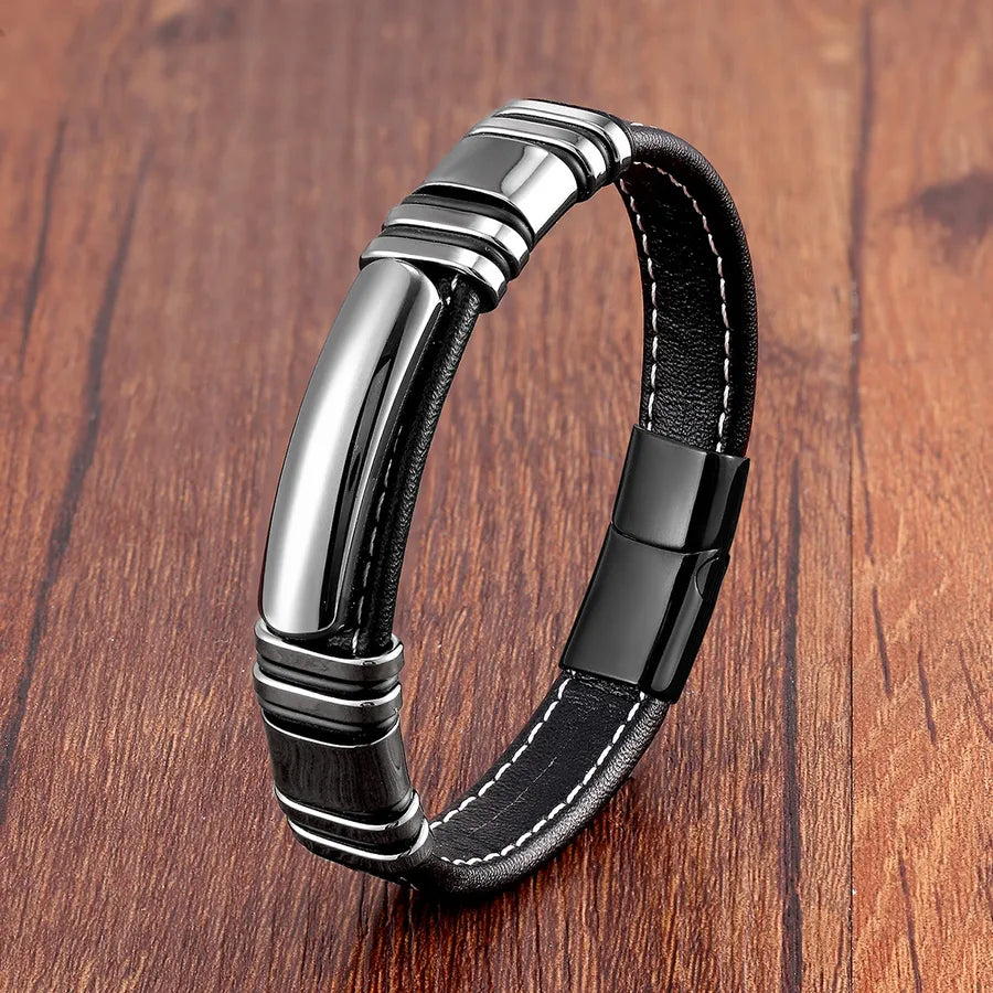 hip-hop punk rectangle pu leather stone metal handmade metal button men's bracelets