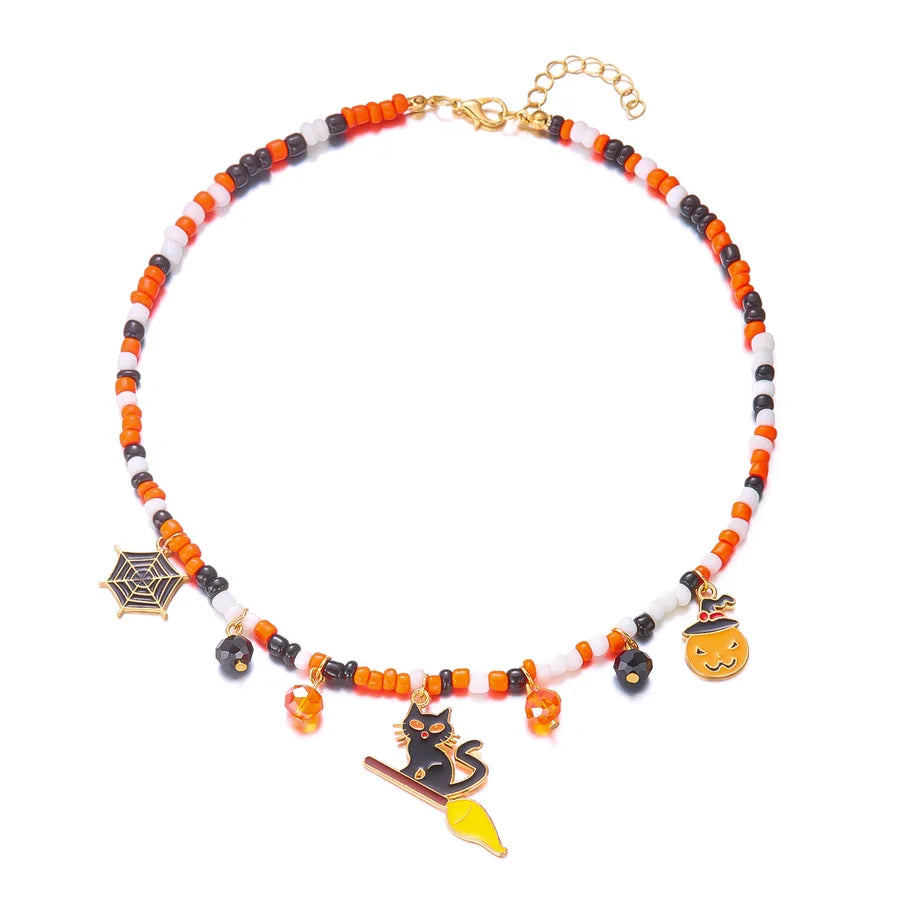 Handmade Halloween Necklace Ghost Spider Pendant Color Matched Pumpkin Design Zinc Alloy Women's Jewelry Accessory