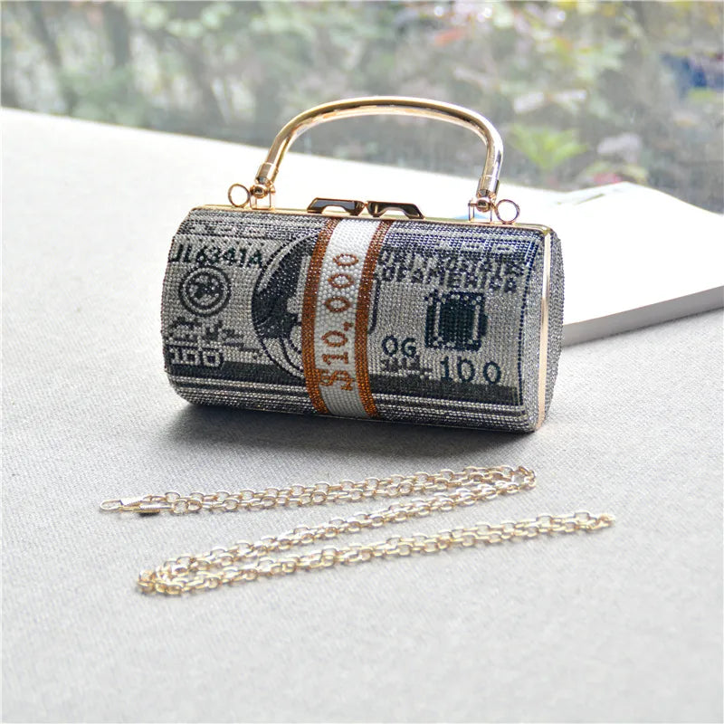 Red Blue Pink Cotton Rhinestone Rubber Drill Color Block Cylindrical Evening Bags